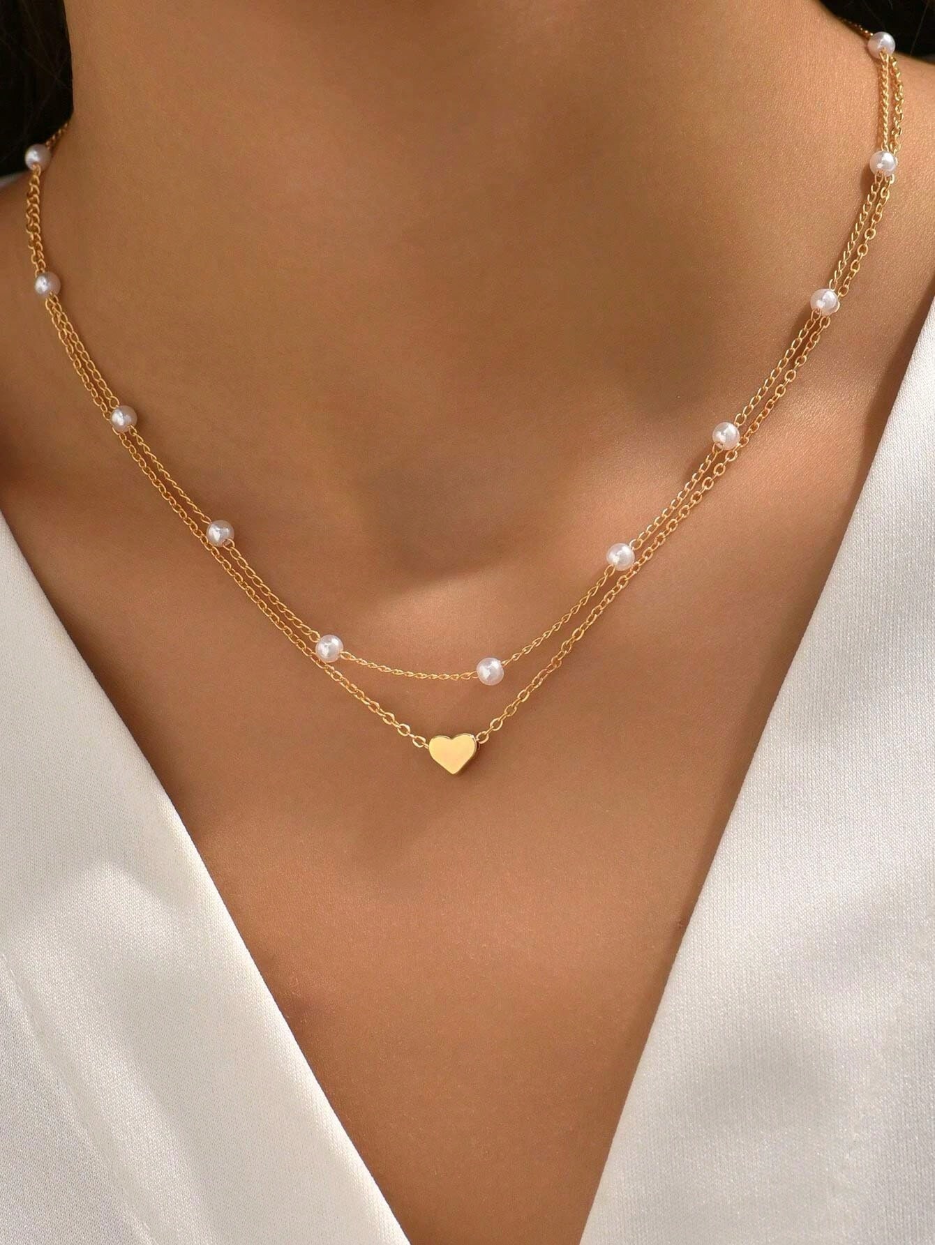 2pcs Couple Double-Layered Faux Pearl Heart Necklace, Unique Design Heart Clavicle Chain For Valentine's Day Valentines