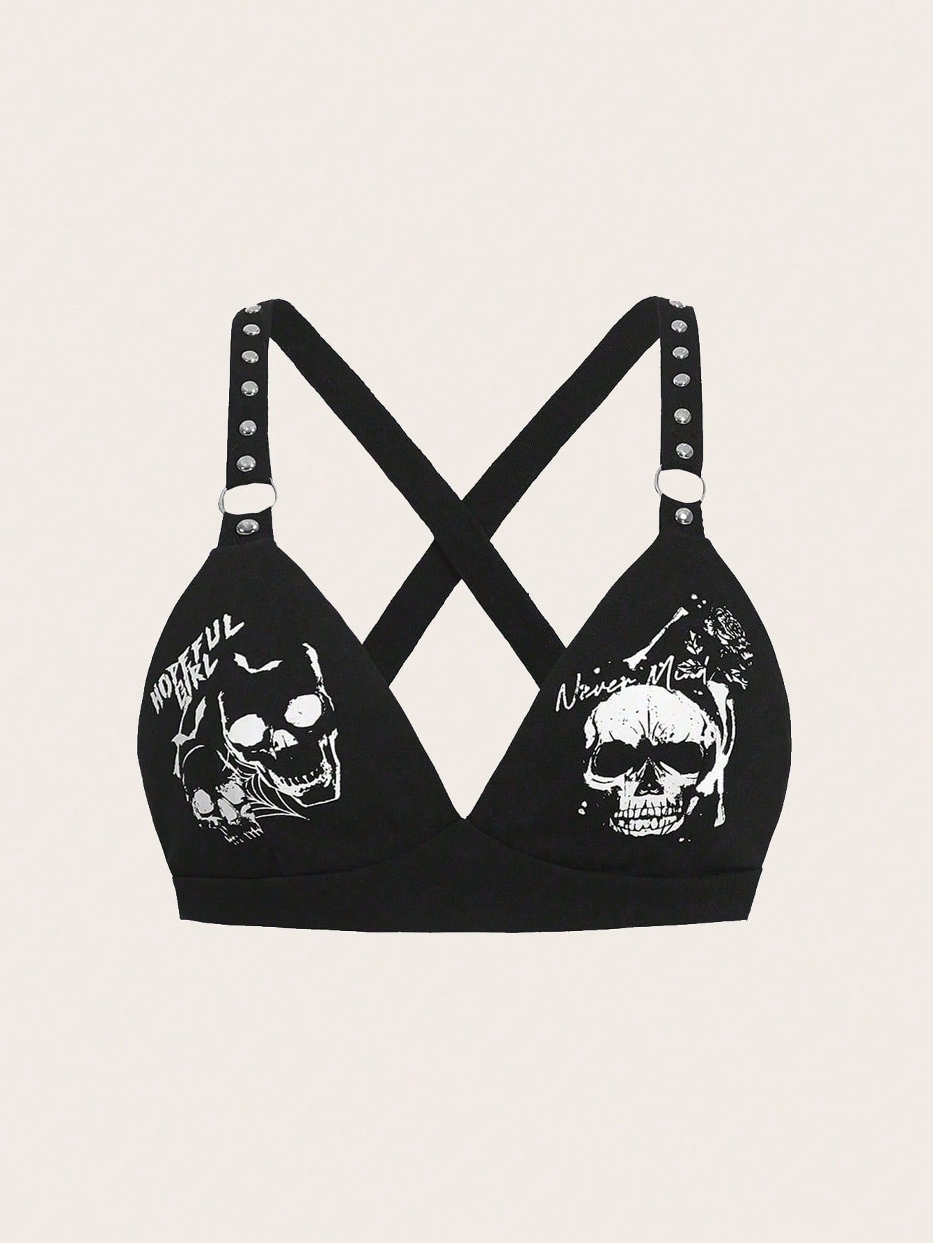 Plus Size Skull & Letter Printed Crop Top With Chain Decoration And Dangle Studs, School